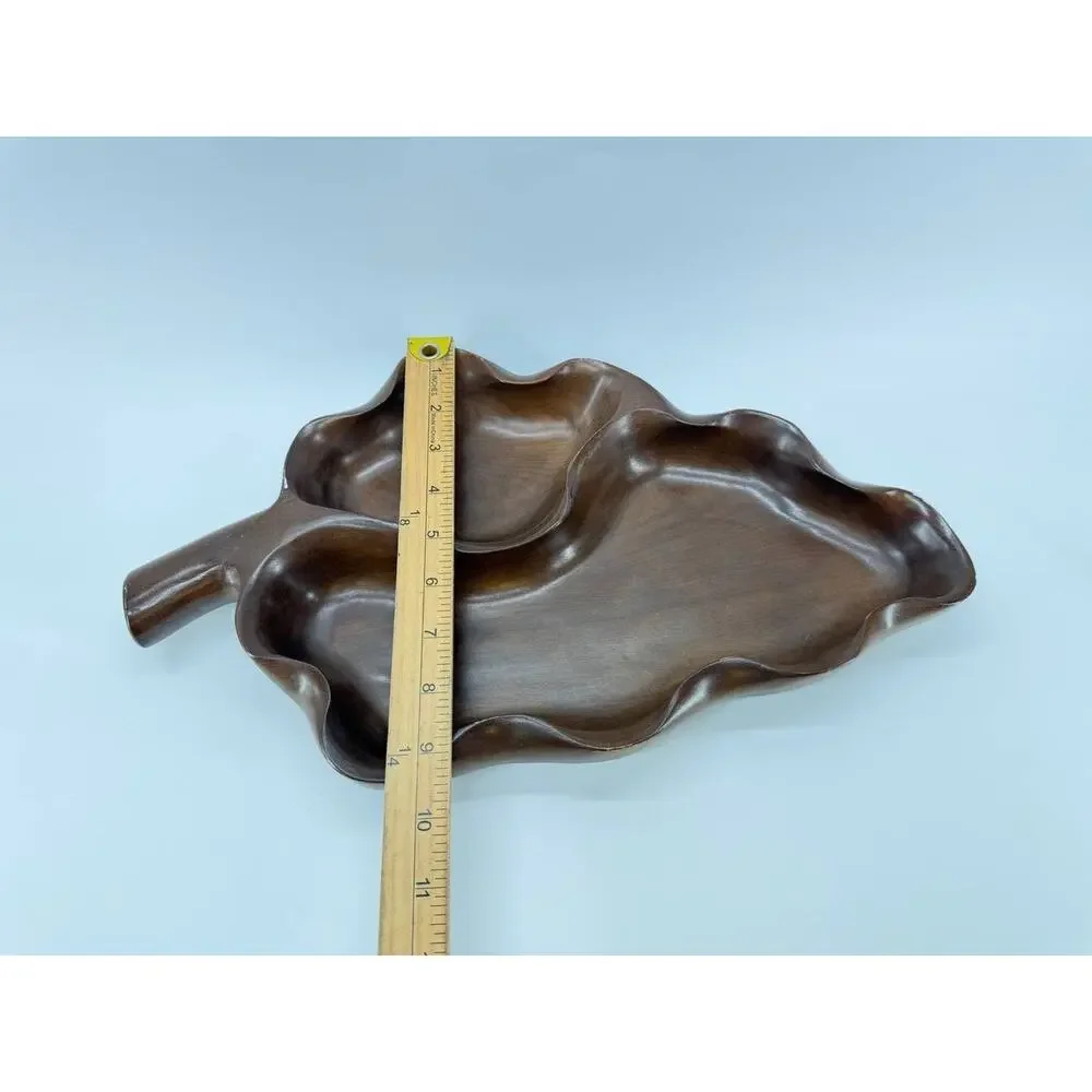 Wood Leaf Shaped Divided Serving Tray 2 Section Platter 2.35 lb
